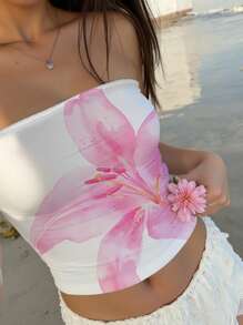 Aloruh Women's Casual Pink Lily Print Tube Top, Suitable For Summer, Beach, Music Festivals