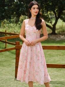 Vintamour Retro Elegant Women Floral Print Relaxed Fit Swing Dress, Loose Fit With Wide Straps, Pink Umbrella Hem Summer Sun Dress Mother Day Outfit Mother Day Dress Summer Dress Graduation Dress Sun Dresses For Women Wedding Guest Dress Women Vacation Outfits Women Birthday Dresses For Women Floral Dress Women Festival Outfits For Women Teacher Outfits For Women