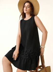 SHEIN LUNE Plus Size Casual Solid Color 3D Flower Decor Sleeveless Dress, Suitable For Vacation - Black - View 3