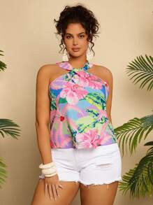 Travachic 大码女式热带棕榈树和花卉印花挂脖海滩度假夏季背心