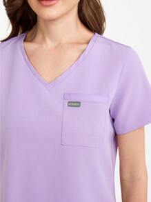 Scrubzie V-Neck Solid Color Scrub Uniform Set, Fashionable For Summer - Purple - View 3