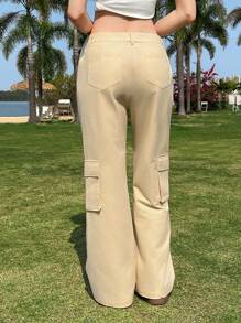 SHEIN EZwear Pantalones casuales de primavera y verano con múltiples bolsillos y cordones para mujer, pantalones rectos de caqui estilo casual retro, cómodos y versátiles de corte holgado