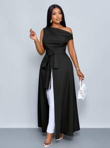 SOLERSUN Blusa asimétrica de cuello para mujer de talla grande con abertura en el muslo y atar al frente, de un solo hombro