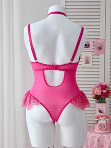 PetitDoll 1pc Plus Size Lace & Mesh Spliced Underwire Sexy Bodysuit - Hot Pink - View 2