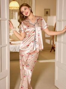 CottageSlumber Set de 2 piezas de pijama con estampado de cerezas y cuello con lazo, ideal para la temporada festiva - Albaricoque - Ver 5