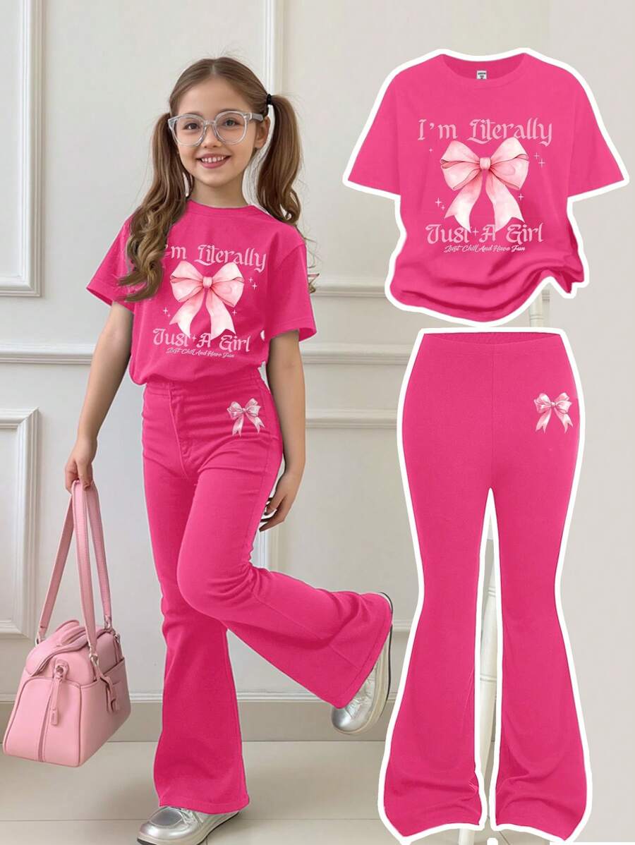 SHEIN Tween Girls' Casual Minimalist Round Neck Short Sleeve Pants 2 Pieces Set, Summer Outfit - Hot Pink - View 1