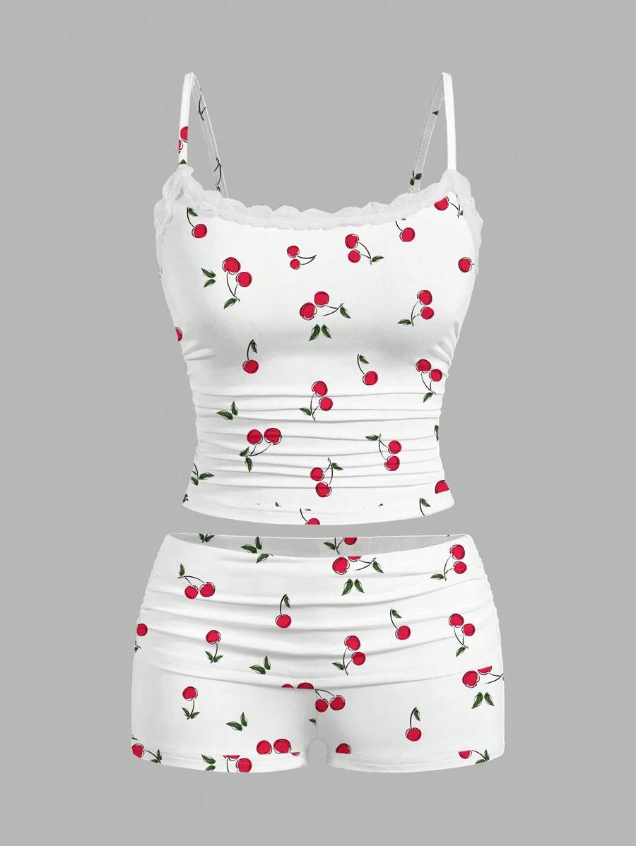 SHEIN Essnce Bộ 2 chiếc/Bộ đồ lót ren cho nữ và quần short xếp ly, họa tiết anh đào thích hợp cho mùa hè - Nhiều màu - Xem 1