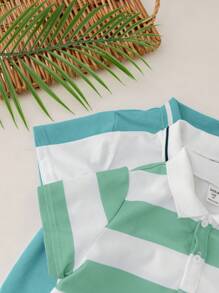 SHEIN 3 件套年轻男孩休闲运动学院风图案圆领短袖 Polo 衫套装，适合日常穿着、上学、户外活动、春夏季节 - 薄荷綠 - 查看 5