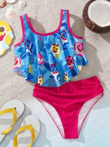 BABY SHARK X SHEIN 年轻女孩卡通鲨鱼印花暑假海滩比基尼套装 - 粉色 - 查看 1