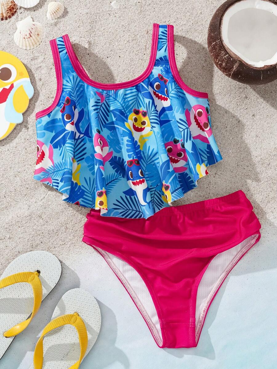 BABY SHARK X SHEIN 年轻女孩卡通鲨鱼印花暑假海滩比基尼套装 - 粉色 - 查看 1