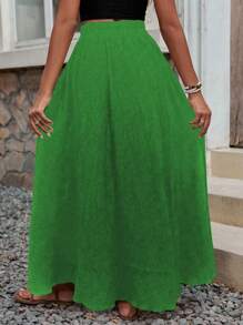 Breezaya Váy dài xẻ tà màu trơn cho nữ, váy maxi xẻ đùi boho cạp cao, mùa xuân/thu, trang phục thường ngày đi biển nghỉ dưỡng - màu xanh lá - Xem 2