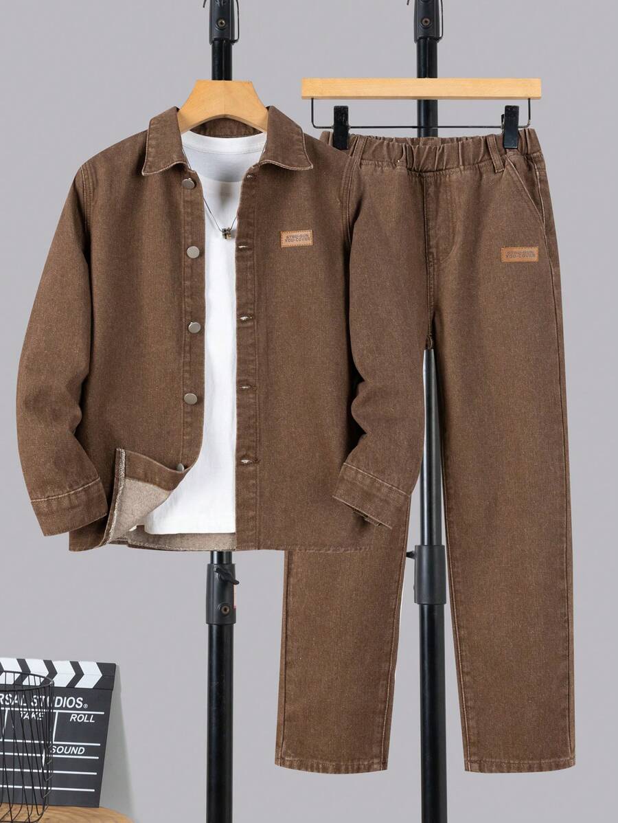 青少年男孩牛仔两件套服装 - 棕色 - 查看 1