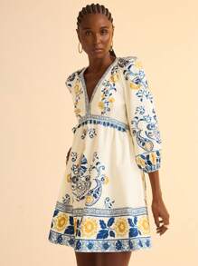 CAJUNI Women's Boho Tropical Print V-Neck Puff Sleeve Cinch Waist Vacation Dress - Multicolor - View 3