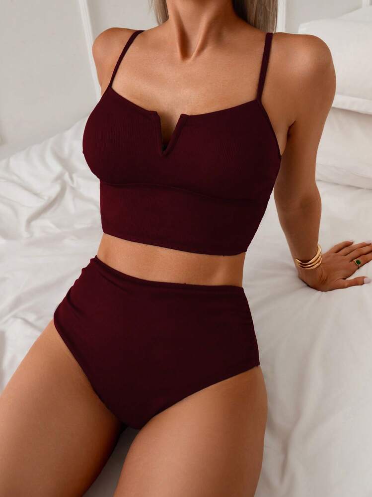 Swim SPRTY Women Summer Casual Vacation Textured Fabric High Waist Shorts Tummy Control Black Camisole & Bikini Swimsuit Set - Burgundy - View 4
