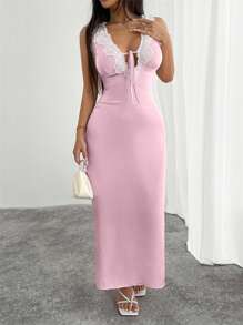 INAWLY Women's Solid Color Lace Splice Deep V-Neck Front Tie Mini Dress - Pink - View 1