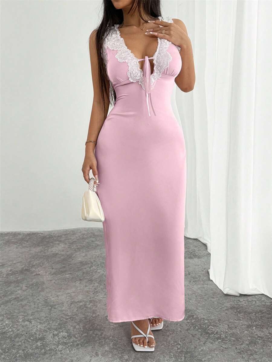 INAWLY Women's Solid Color Lace Splice Deep V-Neck Front Tie Mini Dress - Pink - View 1