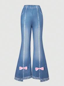 1pc Girls' Casual Cute Denim Effect Bow Print Flare Pants, Spring/Summer