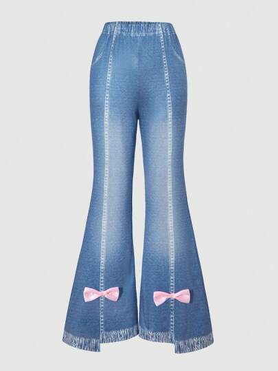 Sparklyn 1pc Girls' Casual Cute Denim Effect Bow Print Flare Pants, Spring/Summer