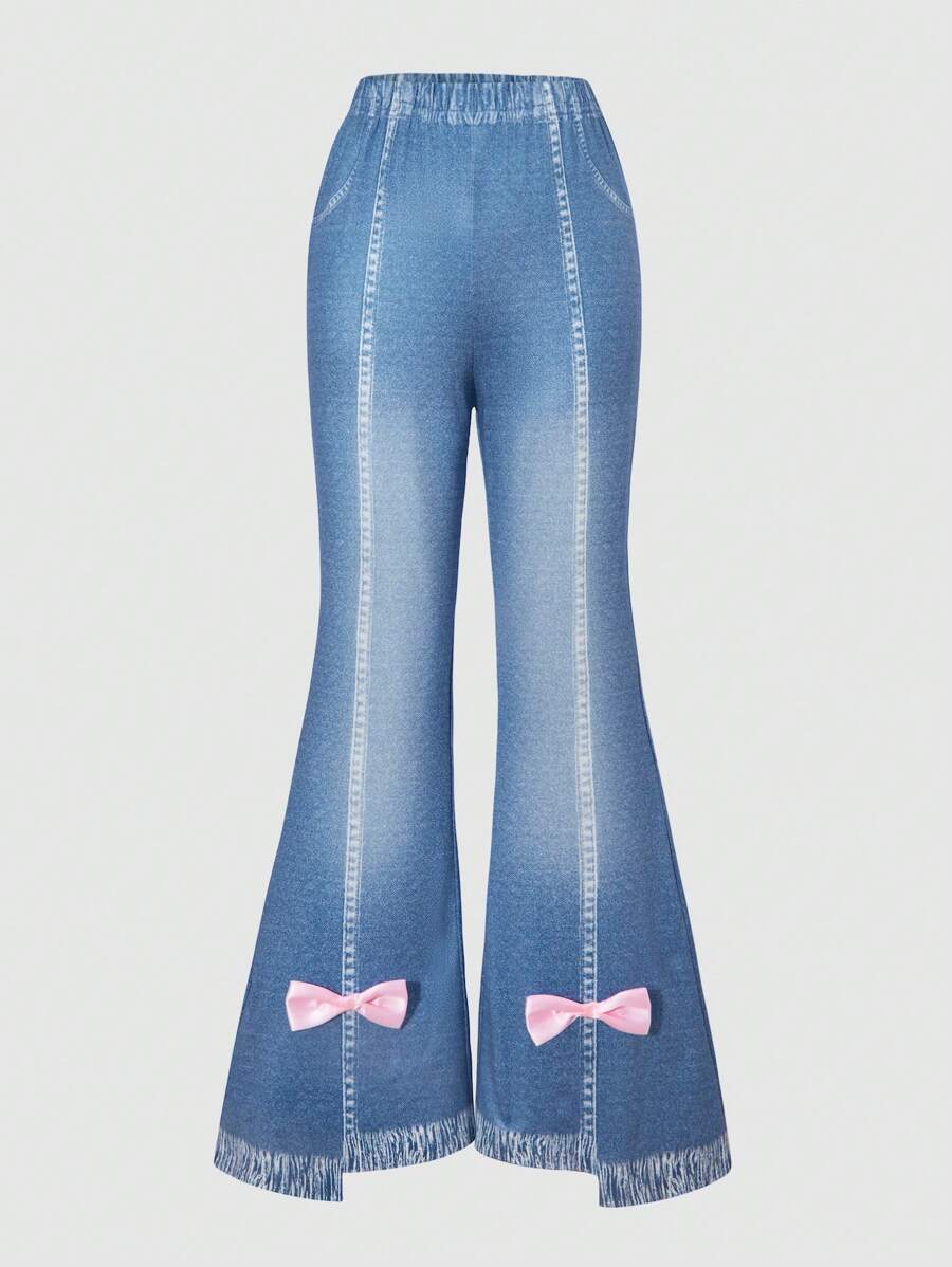 1pc Girls' Casual Cute Denim Effect Bow Print Flare Pants, Spring/Summer