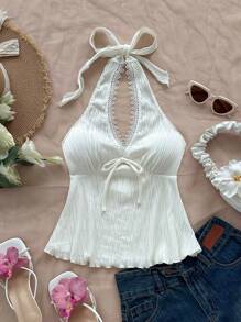 Soleia 女士度假针织波浪纹理提花 V 领蕾丝花边腰带 A 字上衣，适合派对、约会、下午茶、海滩、夏季 - 米色 - 查看 4