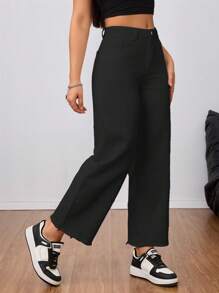 SHEIN Tall Women Casual Solid Color Slant Pocket Straight Leg Jeans - Black - View 1