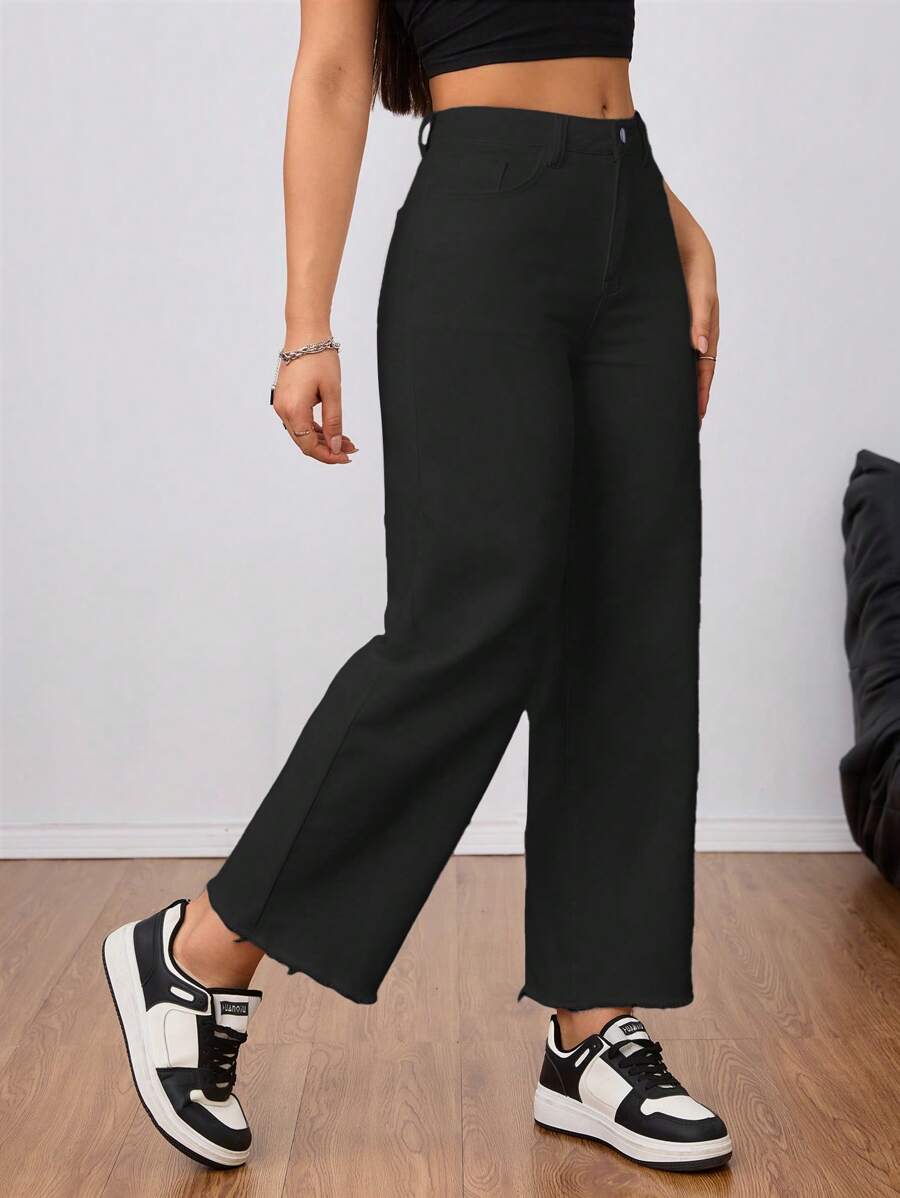 SHEIN Tall Women Casual Solid Color Slant Pocket Straight Leg Jeans - Black - View 1