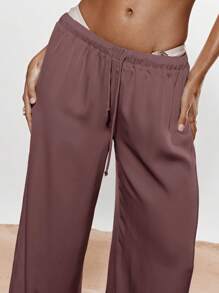 KIZN 奢华高腰阔腿休闲裤丝滑飘逸度假装宽松版型海滩度假晚装舒适松紧腰裤 - 淡紫色 - 查看 4