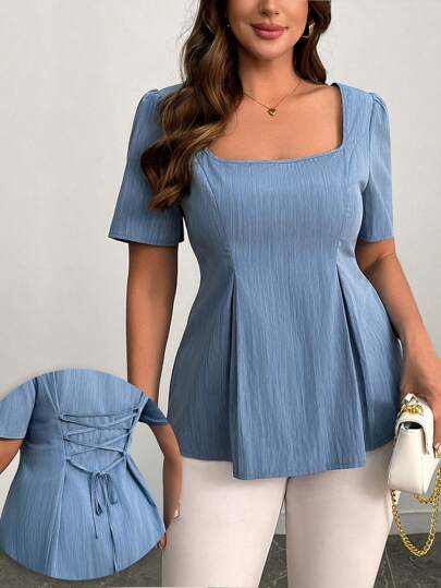 Vionelle Plus Size Denim Effect Texture Square Neck Cross Tie Waist A-Line Shirt, Summer , Square Neck Top