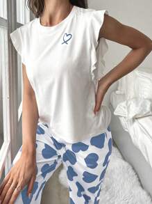 CoupledUp Women Heart Print Ruffle Sleeve Top And Pants Pajama Set Holiday Season - Blue - View 3