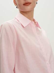 BizChic Women's Pink Classic Regular Shoulder Business Style Button-Down Long Sleeve Shirt, Suitable For Urban Commute, Office, And Casual Wear, Spring/Summer - Pink - View 5