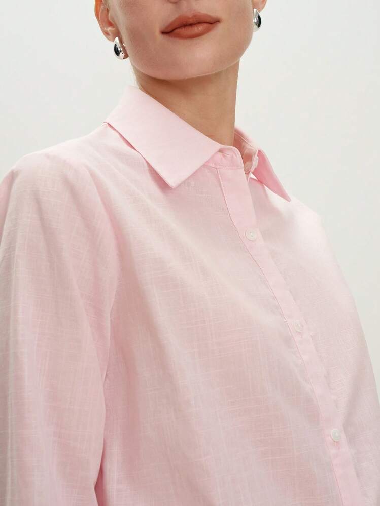 BizChic Women's Pink Classic Regular Shoulder Business Style Button-Down Long Sleeve Shirt, Suitable For Urban Commute, Office, And Casual Wear, Spring/Summer - Pink - View 5