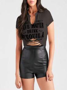 INAWLY Women Street Style Ripped Slogan Print Short Sleeve T-Shirt, Summer - Brown - View 4