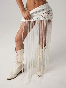 SHEIN ICON Y2k 夏季夏威夷海滩外出波西米亚风透明性感演唱会钩针毛衣西部流苏下摆女式夏日假期镂空针织流苏下摆毛衣裙 - 白色 - 查看 4