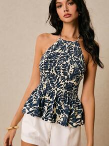 Poéselle Blue Printed Top, Palm Leaf Printed Top,Beach,Vacation,Mother Day,Women's Vacation Floral Print Halter Neck Ruffle Hem Top - Blue - View 4