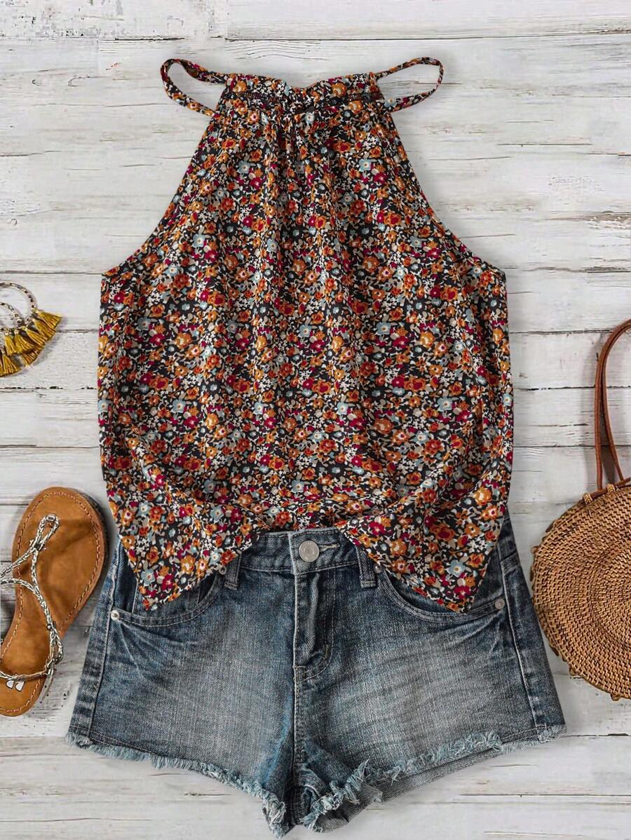 SHEIN LUNE Débardeur casual à fleurs mignonne et nœud papillon avec dos nu pour femmes