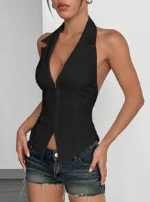 SHEIN EZwear Women Sleeveless Solid Color Blouse, Fashionable For Summer - Black - View 6