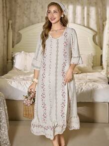 CottageSlumber Camisón largo de mujer con estampado floral romántico de cuello en V con volantes en el dobladillo, perfecto para el verano y las vacaciones