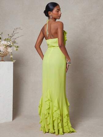 L'Amorae 优雅荷叶边无袖露背修身纯色雪纺夏季长裙，婚礼宾客礼服，女士夏季服装，女士度假服装，生日服装