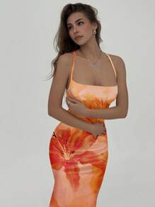 Aloruh فستان ماكسي للنساء ذو رقبة رخوة وظهر مفتوح وأشرطة متقاطعة مناسب للصيف والعطلات، بطبعة أزهار الخبرى البرتقالية الأنيقة، طبعة أزهار هاواي