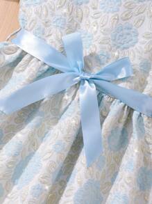 SHEIN 女童优雅梭织盖袖粉红玫瑰提花连衣裙，儿童欧式公主风格派对礼服，优雅少女女孩服装 - 淺藍色 - 查看 5