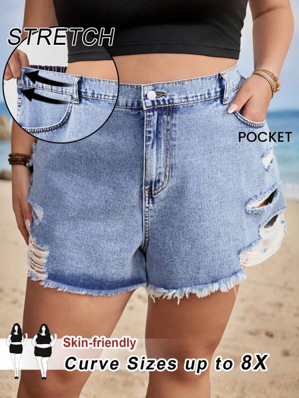 SHEIN CURVE+ Pantaloni scurți din denim spălat din in ondulat pentru femei de mărime mare (cu buzunare și talie elastică)