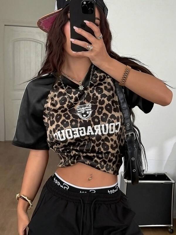 Coolane Women's Summer Streetwear Vintage Hip-Hop Leopard Graphics Woven Tape Soccer Jersey T-Shirt