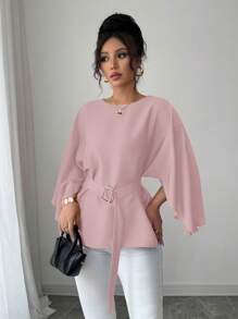 Selianne 女式春夏法式圆领蝙蝠袖系腰缎面衬衫，红色 - 粉色 - 查看 5