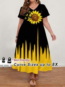 SHEIN CURVE+ Váy họa tiết hoa hướng dương cổ chữ V tay ngắn tối giản thường ngày cỡ lớn dành cho nữ, dáng cong, phong cách Boho - Nhiều màu - Xem 1