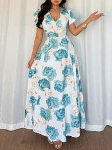 SHEIN VCAY Women's Floral Print Ruffle V Neck Maxi Dress , Spring & Summer - Green - View 6