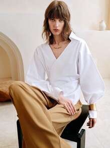 EMERY ROSE Women's Cotton Shirt Solid Color Waist Long Sleeve Blouse, Fashionable For Summer, Solid Color Cinching Waist Button Down Collared Long Sleeve Shirt, Casual Solid Color Drop Shoulder Loose Blouse,Draping Blouse,Lantern Sleeve Cotton Shirt,Summer Tops,Long Sleeve Top,Festival,Country Concert,Bohemia,Boho - White - View 4