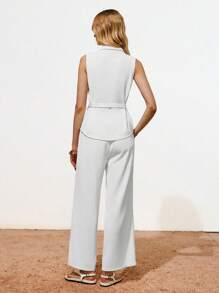 Lumivelle Bộ vest mới cho nữ/Trang trí dây đeo khóa kim loại không tay ve áo phong cách tối giản áo vest đen + quần vest đen bộ 2 món - trắng - Xem 2