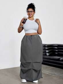 SHEIN EZwear 大码女式纯色抽绳腰褶皱宽松A字裙，夏季度假牛仔西部风商务休闲女装节日机场毕业典礼锐舞派对性感Y2K牛仔街头风辣妹2000年代迪斯科 - 灰色 - 查看 3