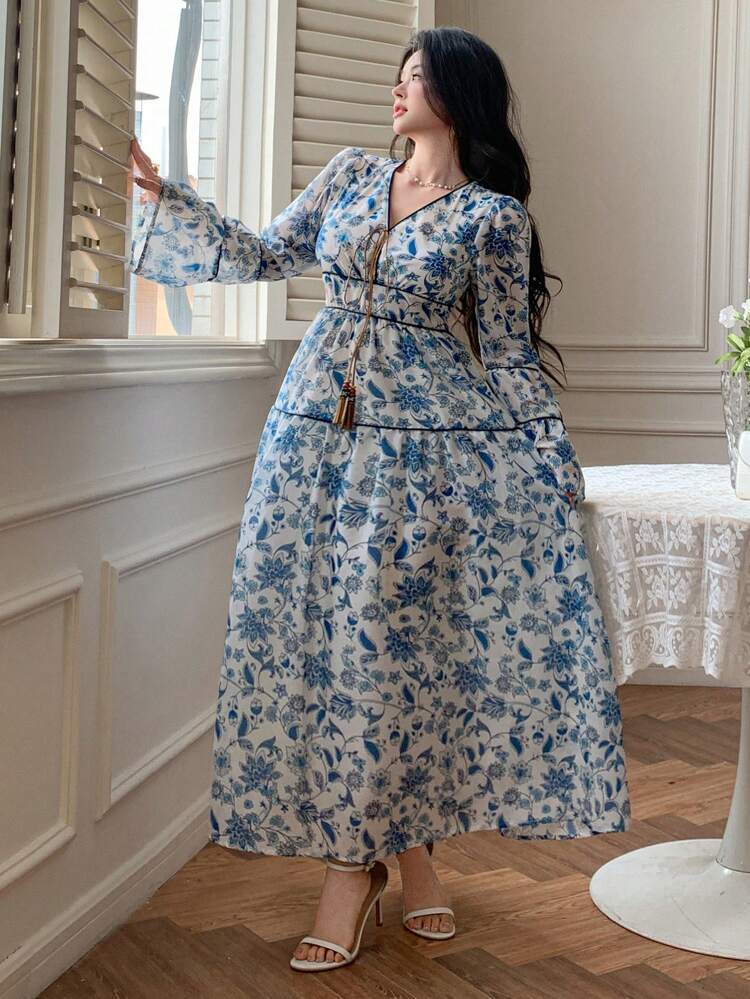 Casual Vacation Beach Boho Style Floral Printed V-Neck Drawstring Waist Ruffled Hem Midi Dress For Women,Fall Dress Long Sleeve Dress