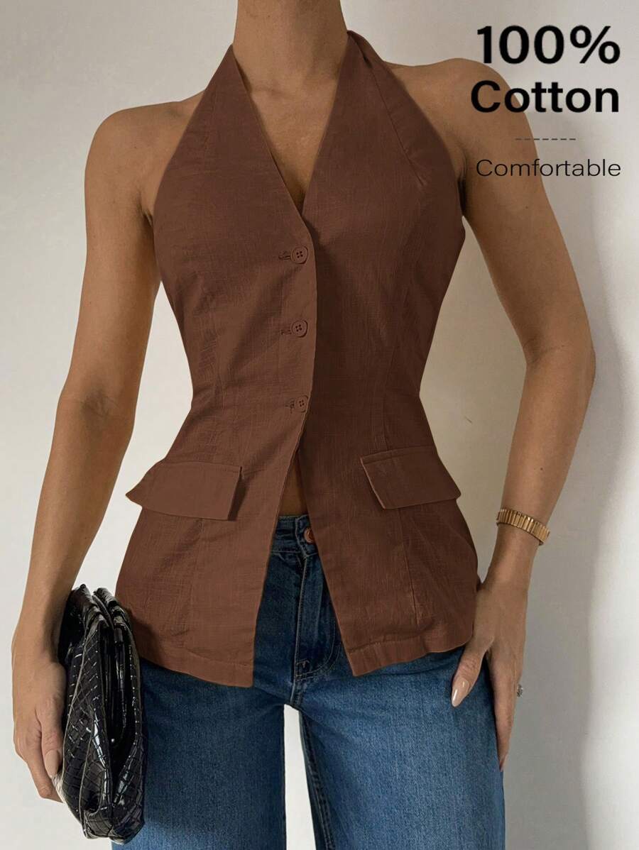 Siren Gaze 2025年夏季：亚麻露背背心——适合工作装和休闲时尚的无袖纽扣上衣 - 咖啡棕 - 查看 1